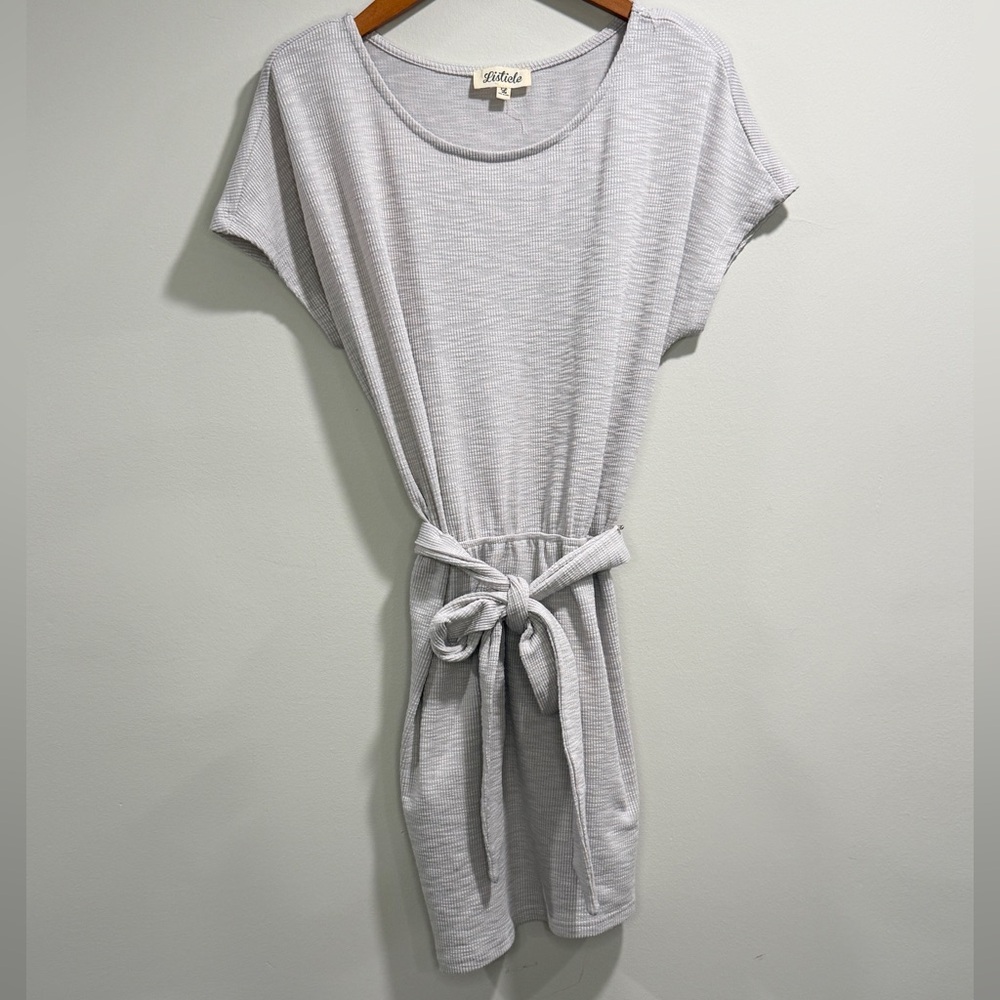 Listicle Women’s Light Gray Ribbed Wrap Mini Dress with Belt‎ Tie Size L